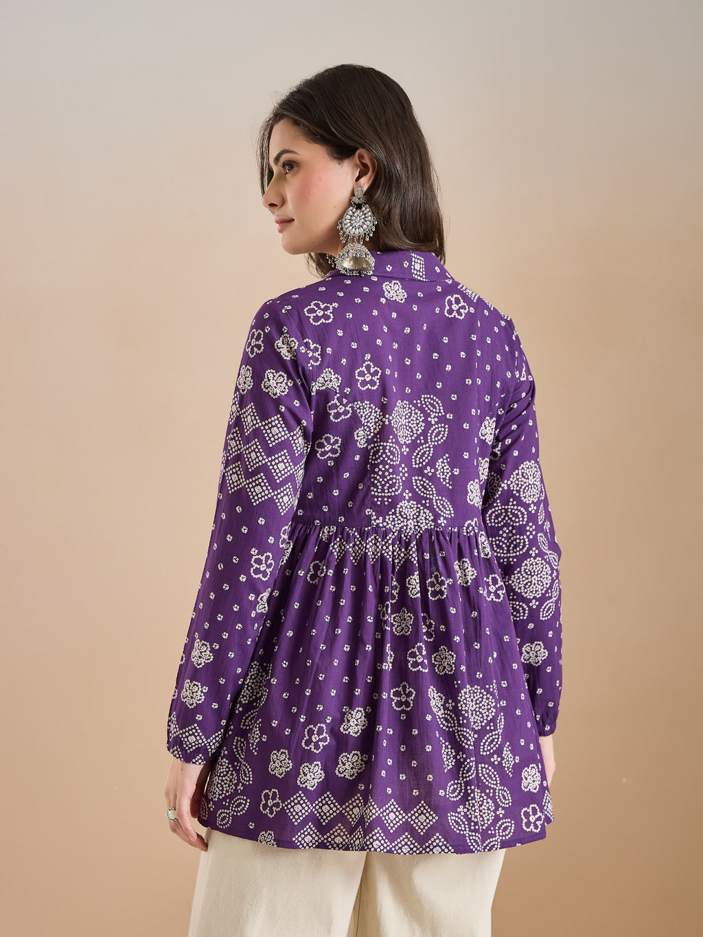Purple Bandhani Print Cotton Peplum Fit Top