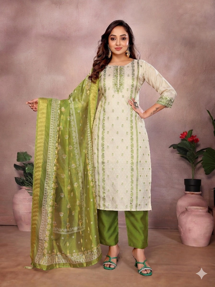 Jacquard Simmar Handwork Kurta with Dyeable Chanderi Pants & Printed Organza Dupatta