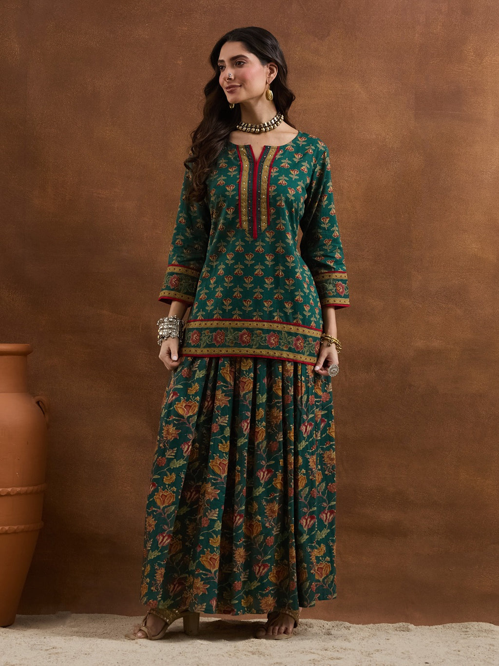 Green Floral Printed Cotton Straight Kurti Skirt & Dupatta Set