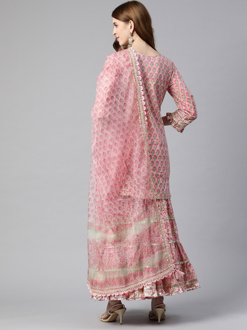 Pink Floral Hand Block Printed Kurta Sharara Set with Dupatta