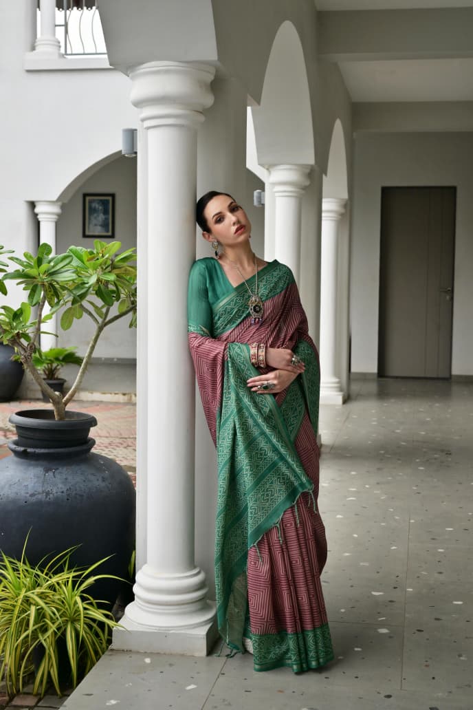 Soft Desi Tussar Silk Saree with Traditional Ikkat Pallu & Tassels
