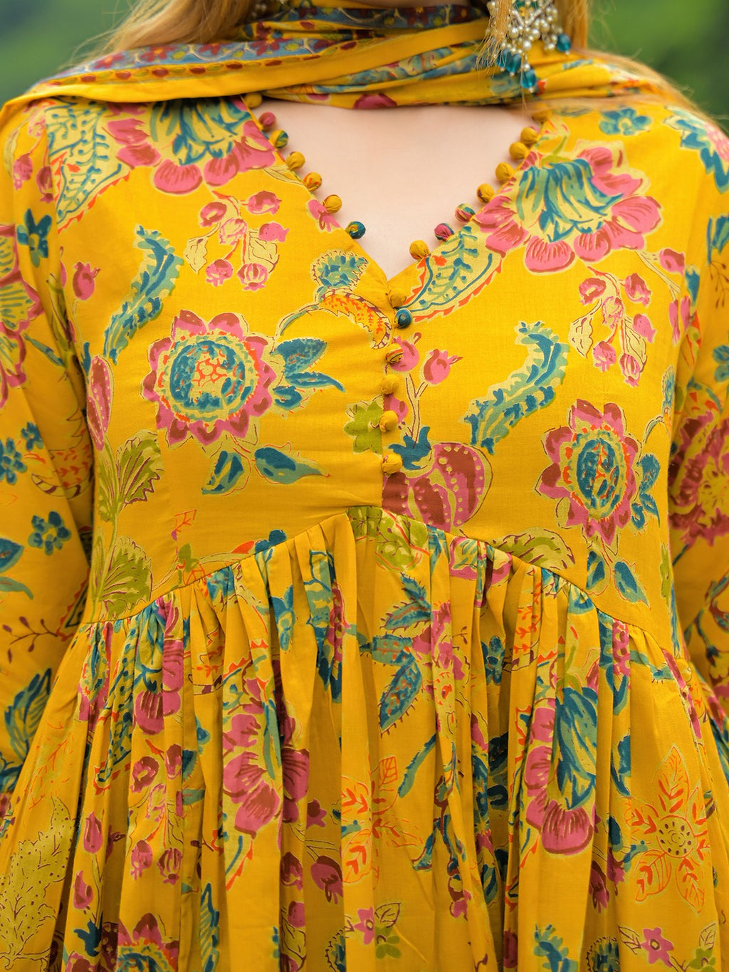 Mustard Yellow Floral Printed Pure Cotton Flared Anarkali Kurta Set with Palazzo & Dupatta