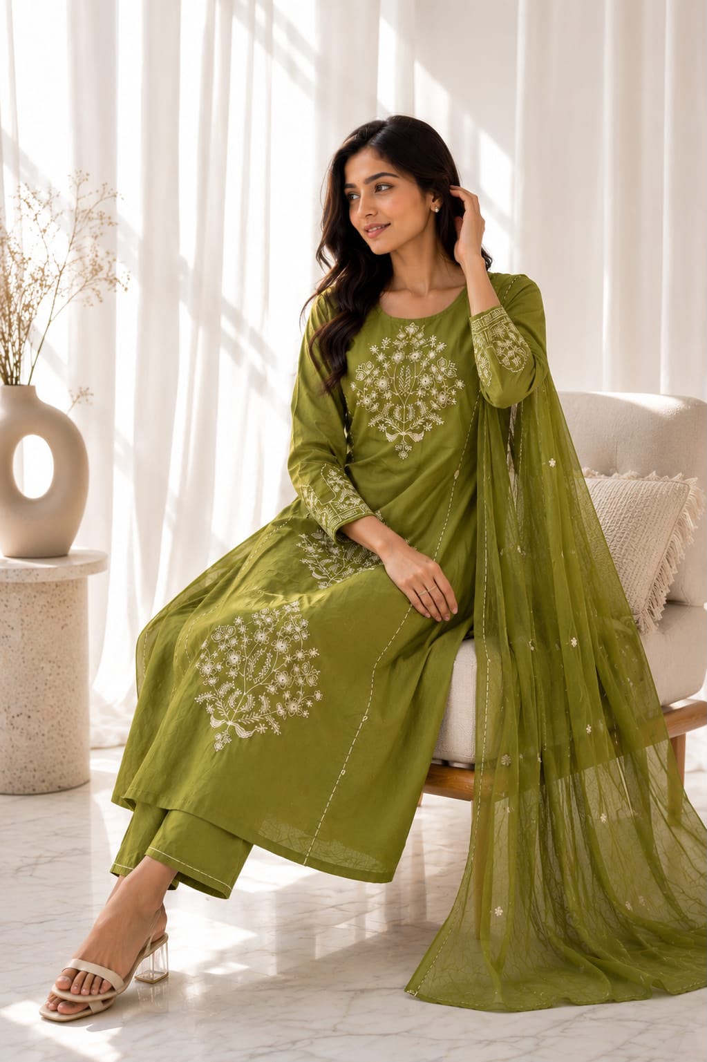 Handcrafted Pure Cotton Anarkali Suit Set with Embroidered Mulmul Dupatta