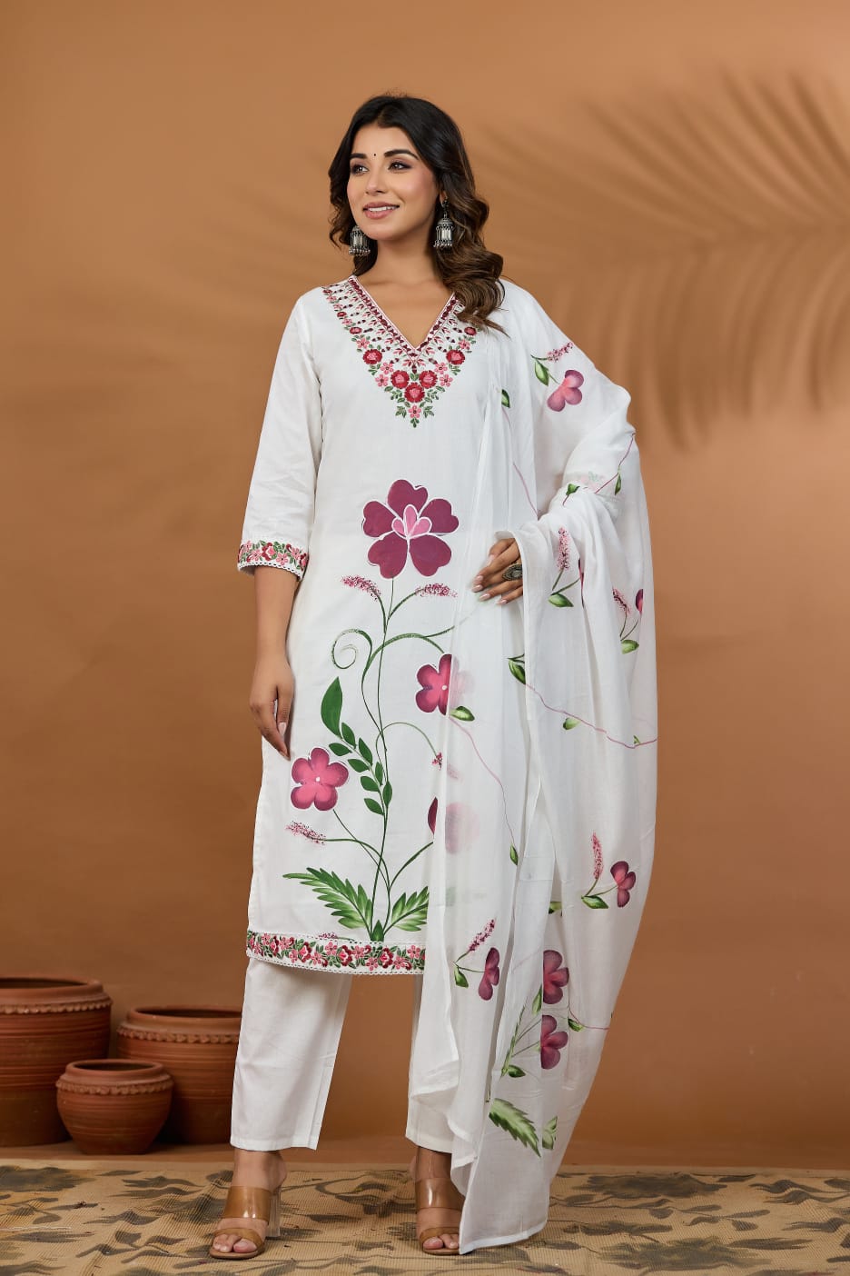 Handcrafted Mal Cotton Floral Embroidered Suit Set