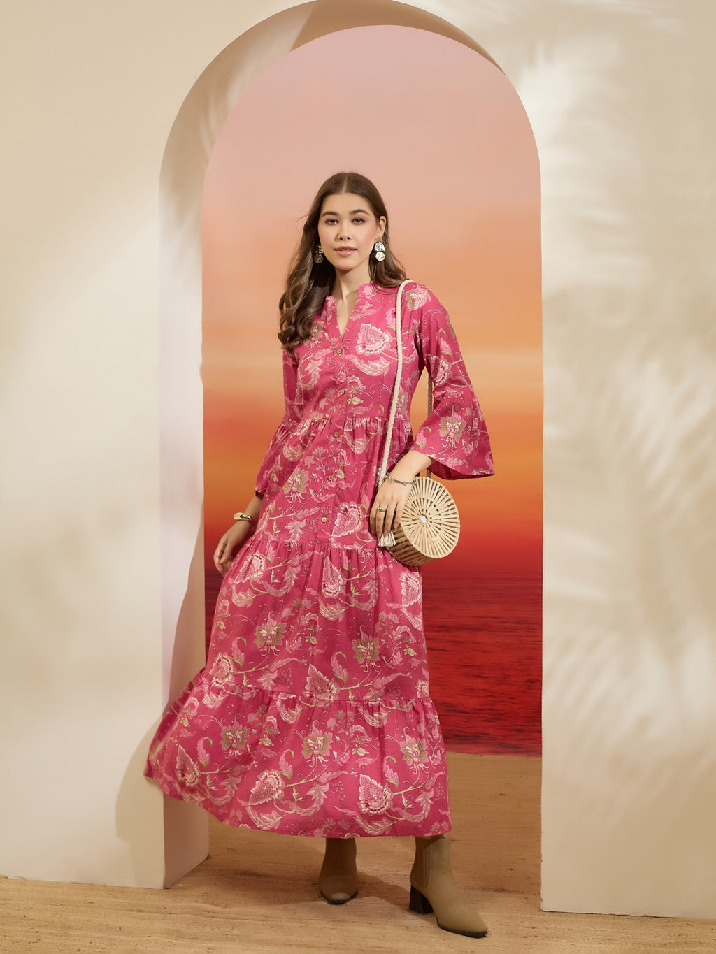 Pink Floral Printed Pure Cotton Tiered Flared Dress