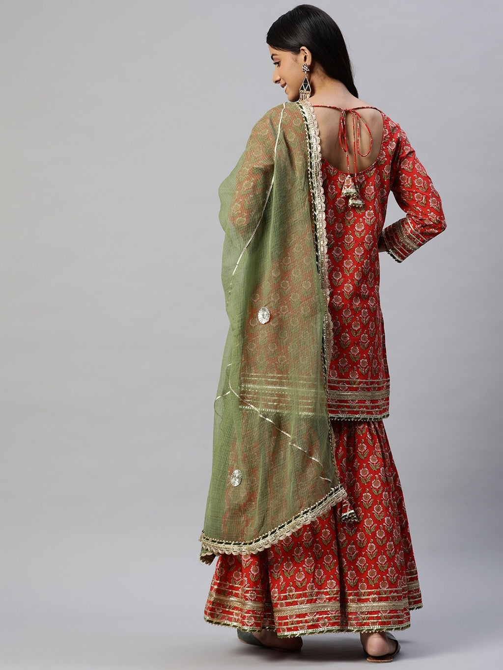 Red Dabu Printed Kurta Sharara Set with Kota Doria Dupatta