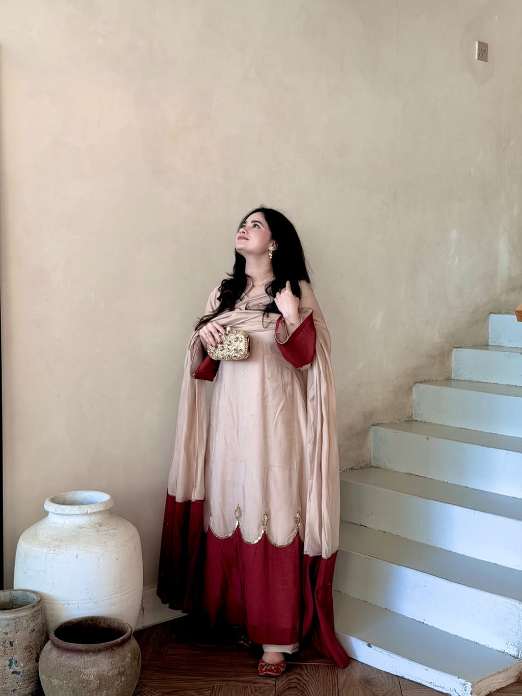 Pure Roman Silk Scalloped Kaftan & Palazzo Set