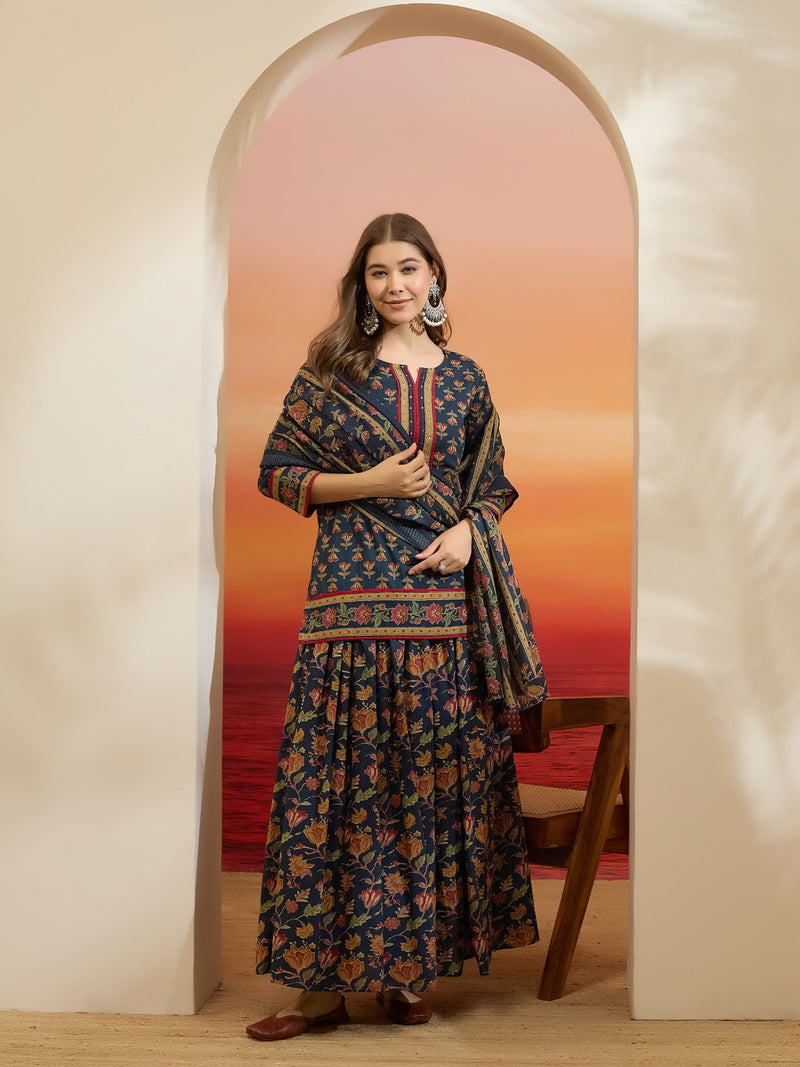 Floral & Botanical Printed Blue Cotton 3-Piece Kurti Skirt Dupatta Set