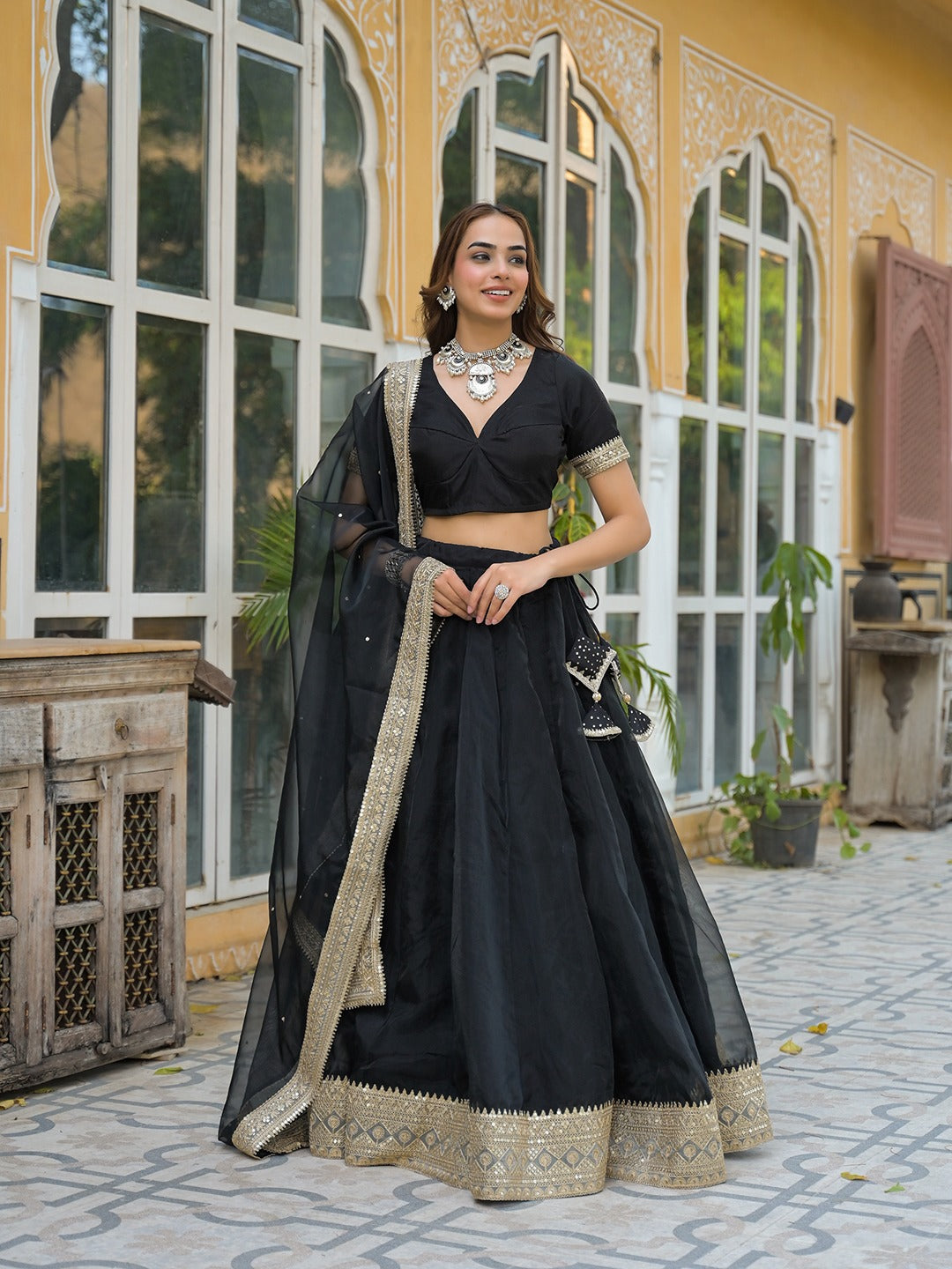 Black Solid Organza Lehenga with Choli and Dupatta