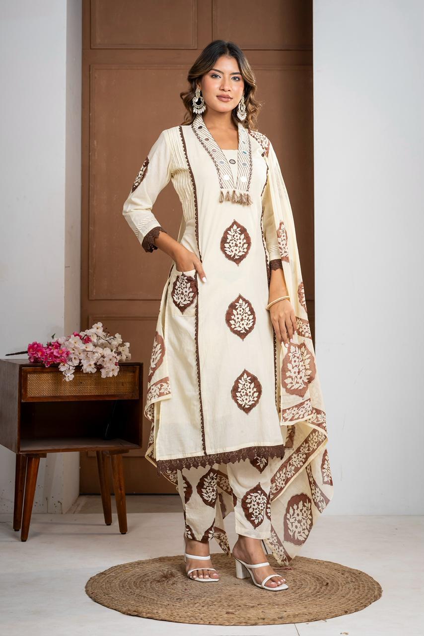 Premium Mal Cotton Floral Printed Suit Set with Embroidered Neckline & Lace Accents