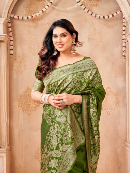 Bangalori Handloom Raw Silk Saree with Intricate Peacock & Jal Weaves
