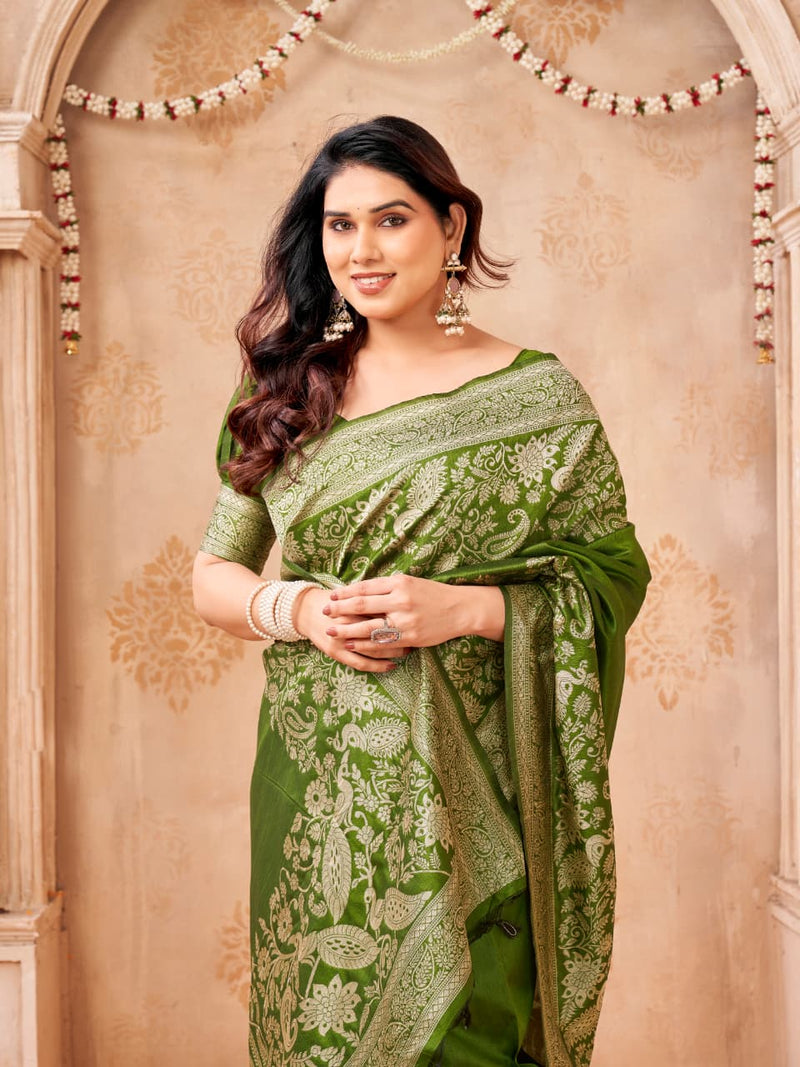 Bangalori Handloom Raw Silk Saree with Intricate Peacock & Jal Weaves