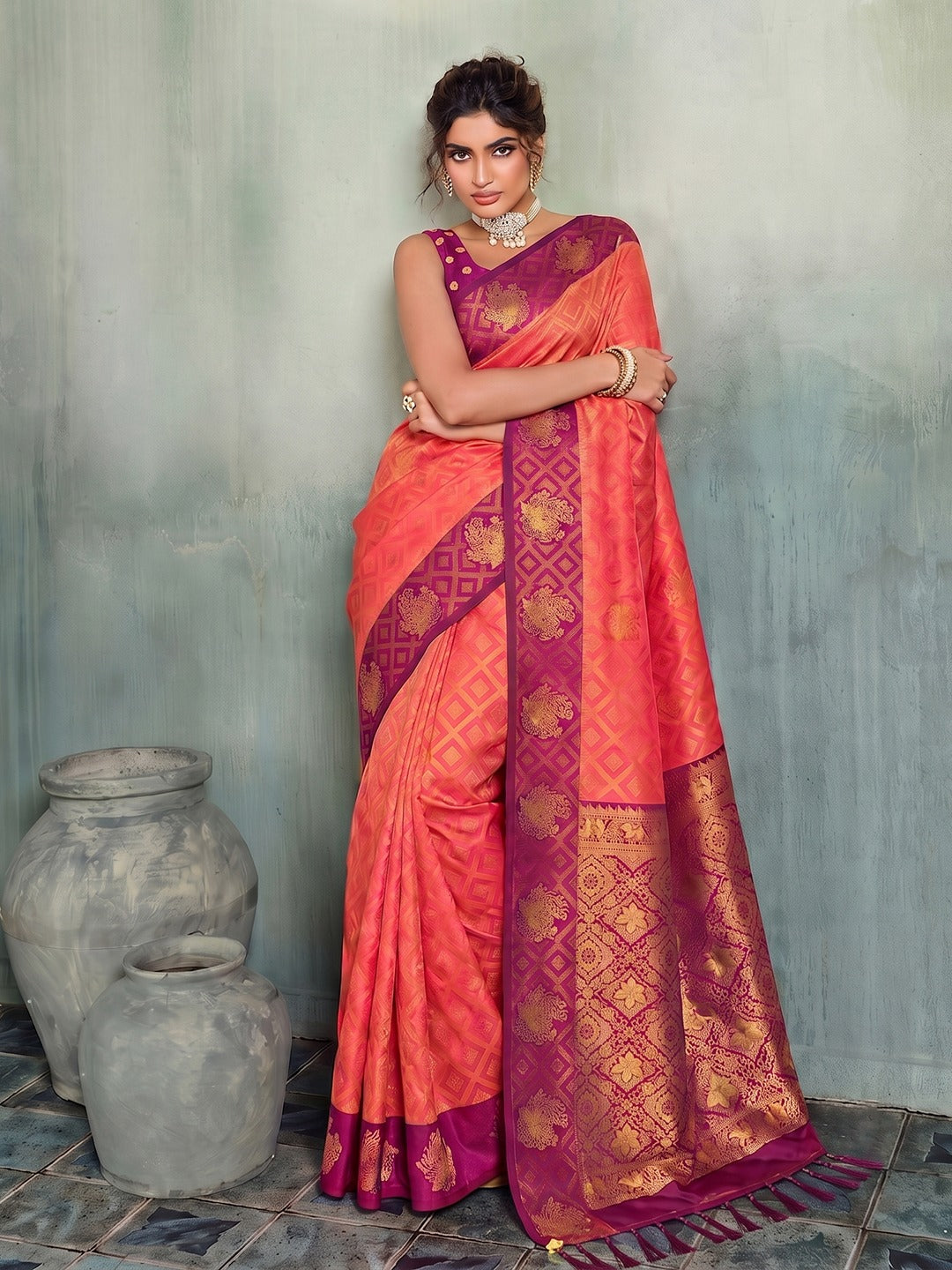 Rich Zari Woven Silk Blend Saree with Contrast Border & Designer Pallu