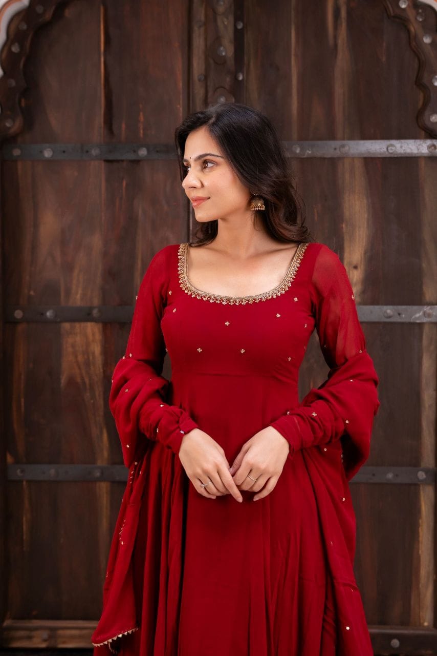 Elegance in Motion: Regal Maroon Fox Georgette Anarkali Suit Set with Intricate Handwork
