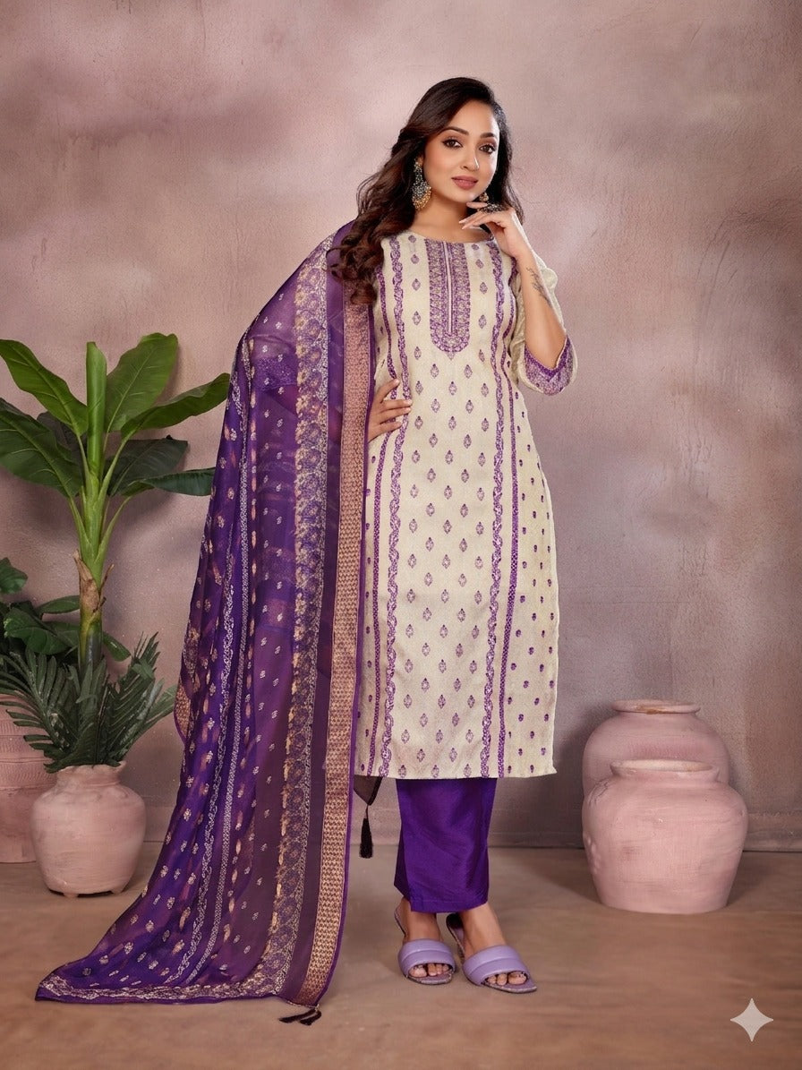 Jacquard Simmar Handwork Kurta with Dyeable Chanderi Pants & Printed Organza Dupatta