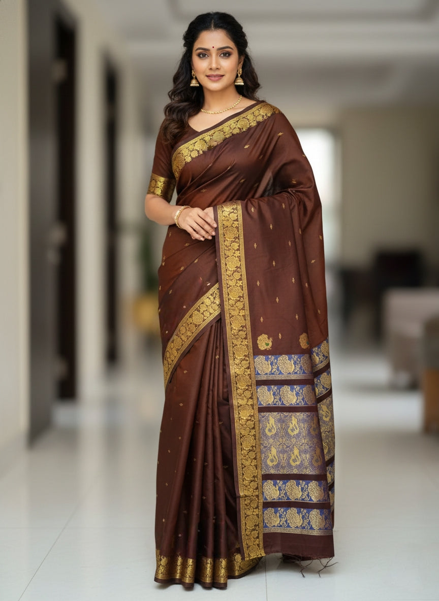 Peshwai Paithani Silk Saree with All-Over Zari Butta & Contrast Blouse