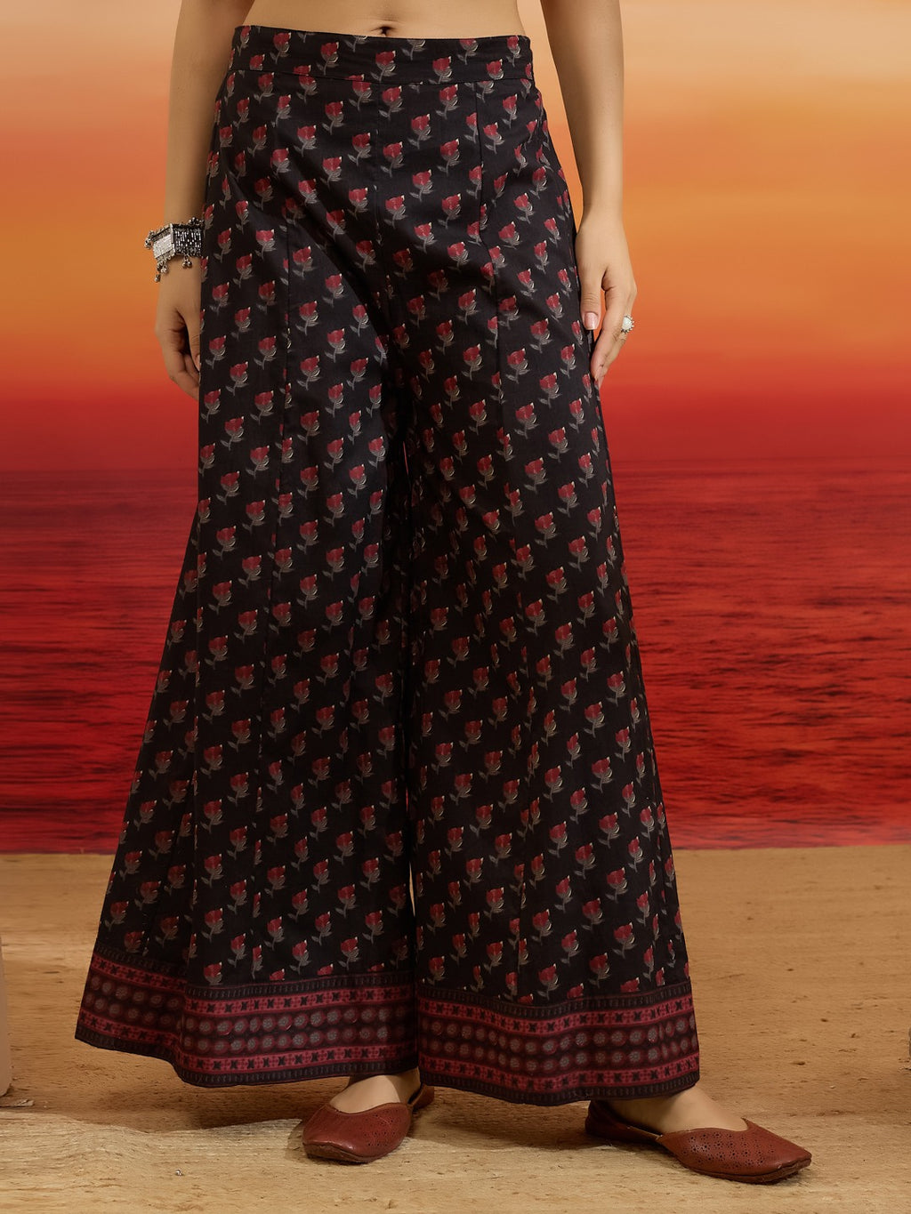 Elegant Black Floral Cotton Anarkali Set with Latkans & Dupatta