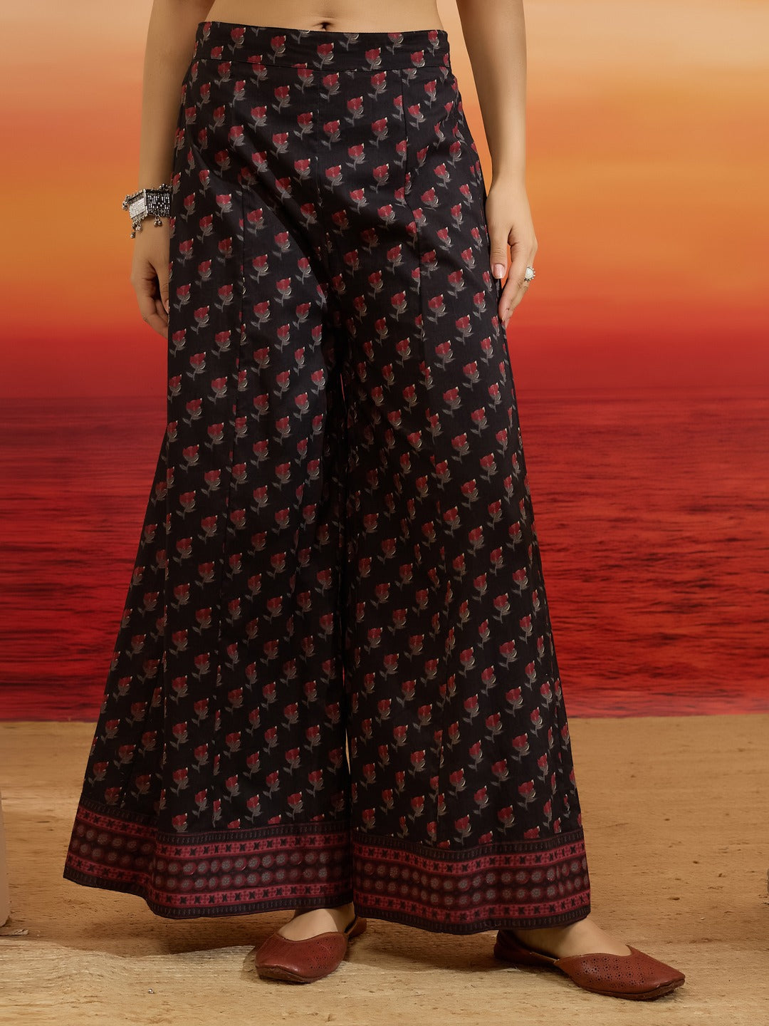 Elegant Black Floral Cotton Anarkali Set with Latkans & Dupatta