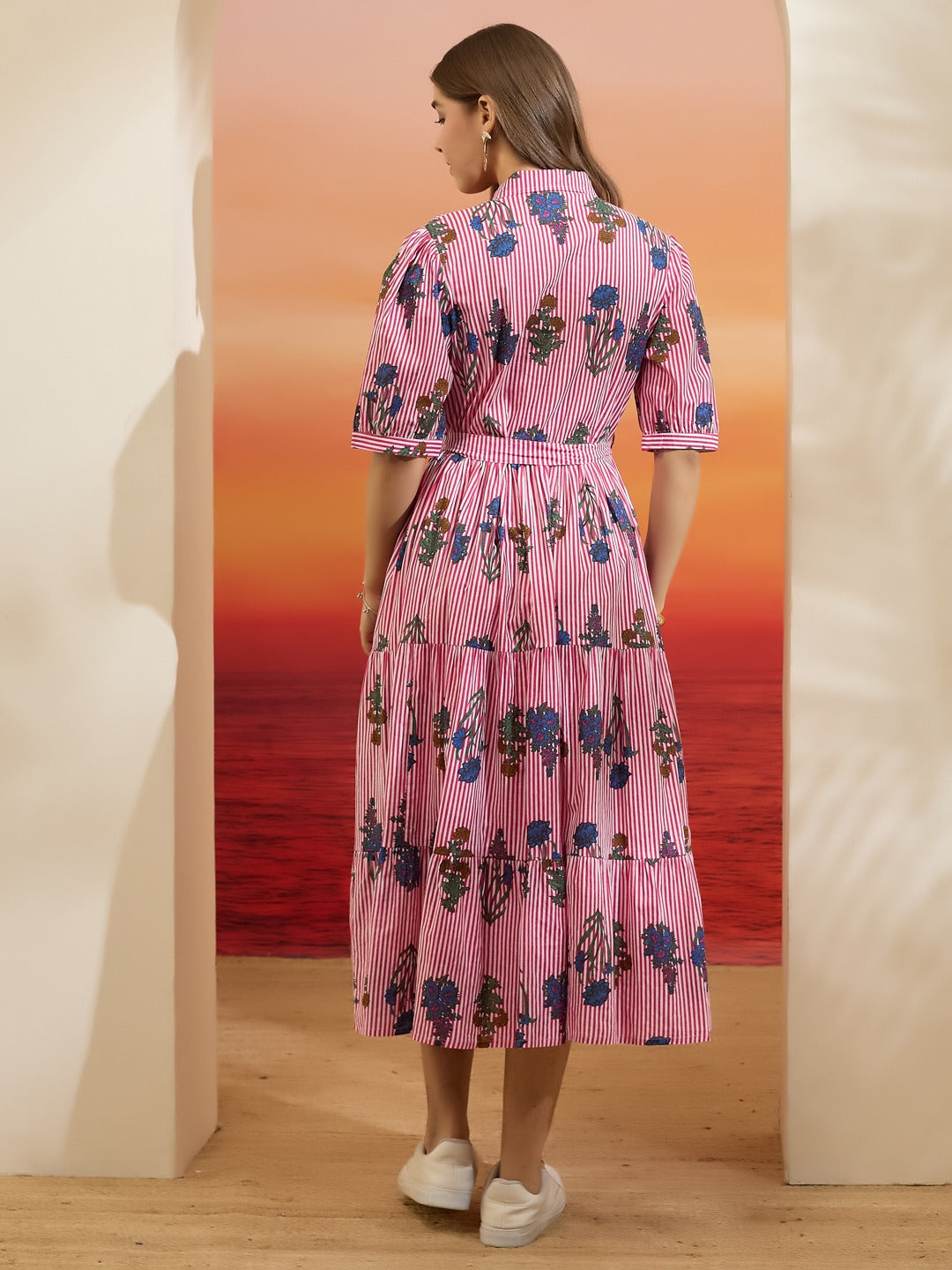 Pink Floral & Striped Pure Cotton Shirt Dress with Belt & Pockets