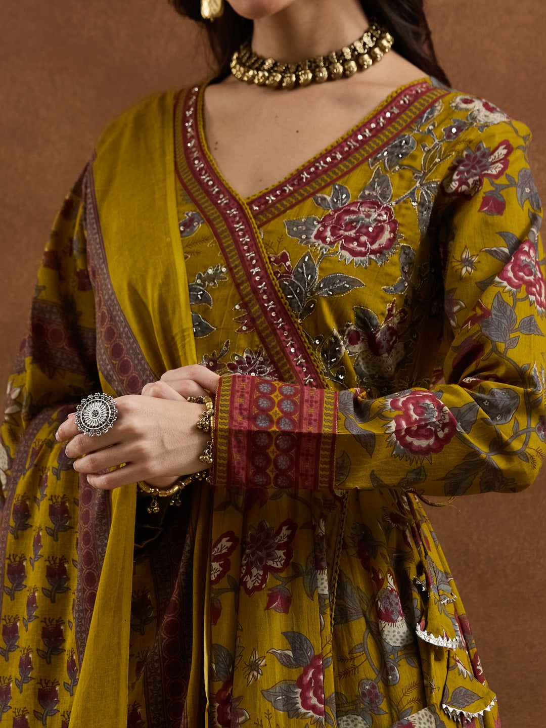 Elegant Mustard Yellow Floral Cotton Anarkali Set with Latkans & Dupatta