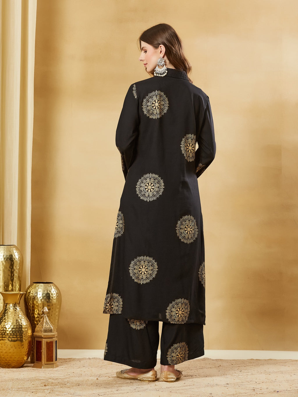 Black Rayon Foil Print Kurta Palazzo Sets
