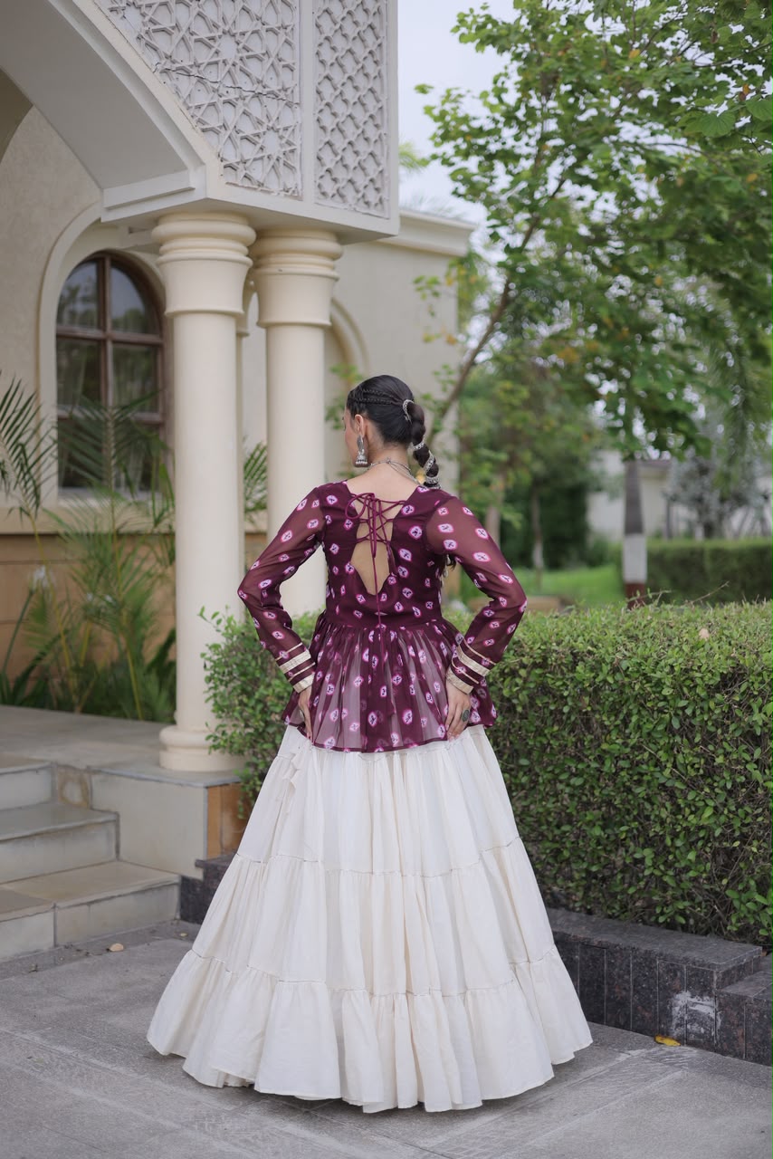Kutchi Gamthi Patchwork Bandhani Top with Tiered Kora Cotton Lehenga
