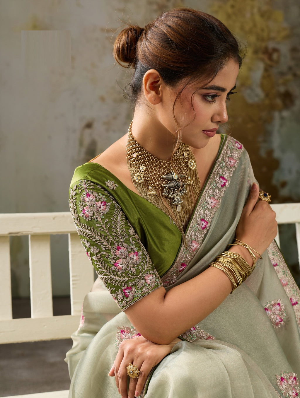 Metallic Tissue Saree with Pita Zari & Antique Sleeve-Embroidered Satin Blouse