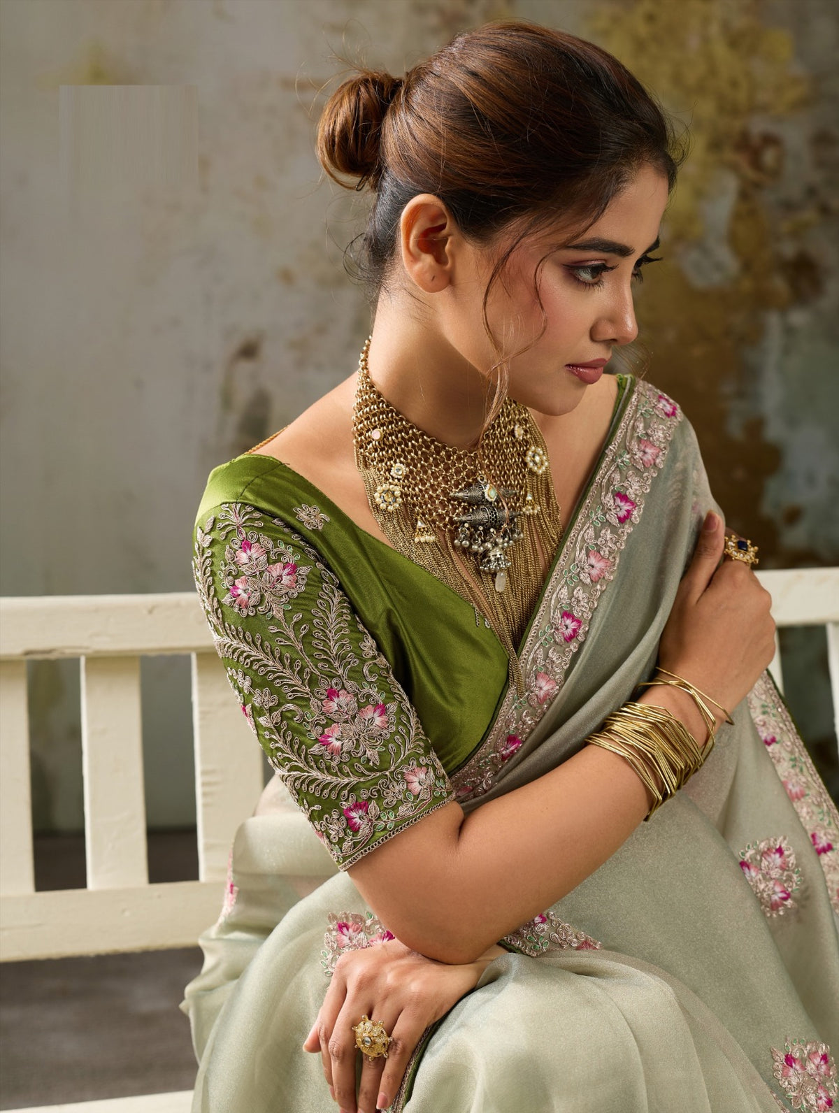 Metallic Tissue Saree with Pita Zari & Antique Sleeve-Embroidered Satin Blouse