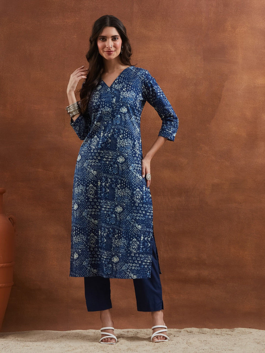Deep Navy Blue Floral & Geometric Printed Cotton Kurta Pant Set