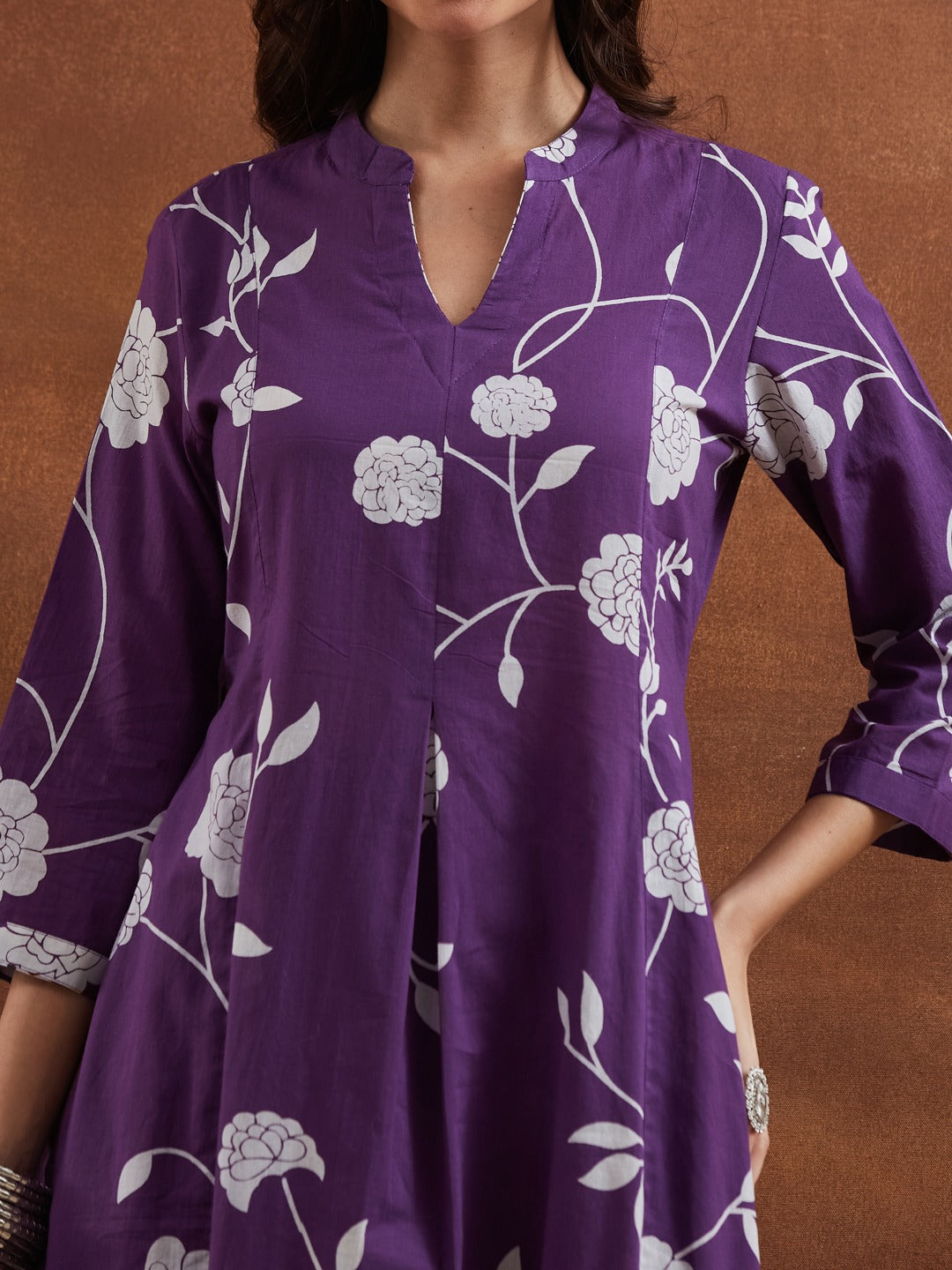 Purple Cotton Printed Anarkali Kurta Set with Mandarin Split V-Neck