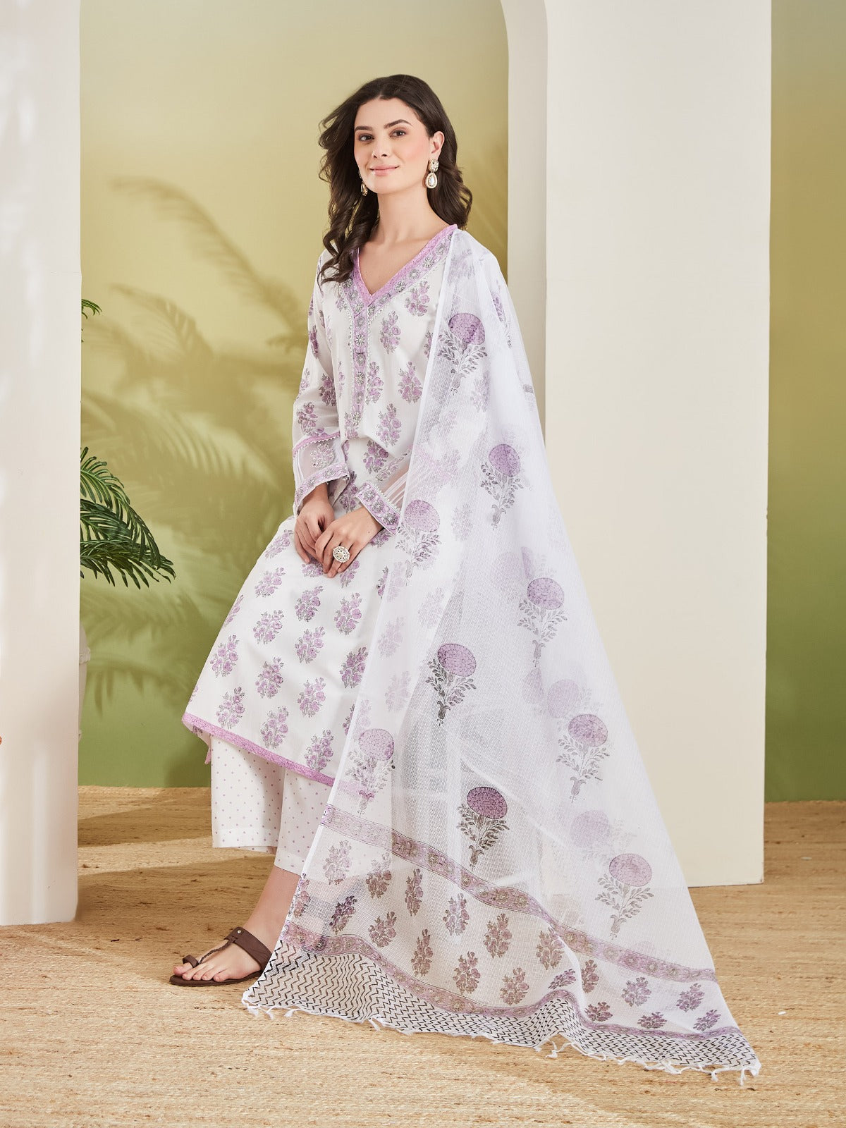 White & Lavender Hand Block Printed Kurta Palazzo Set with Sequin & Lace Work