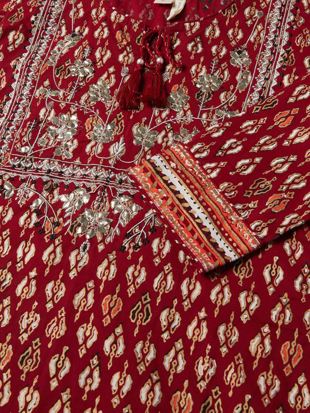 Maroon Gotta Patti Cotton Straight Kurta Palazzo Set with Sheer Net Dupatta