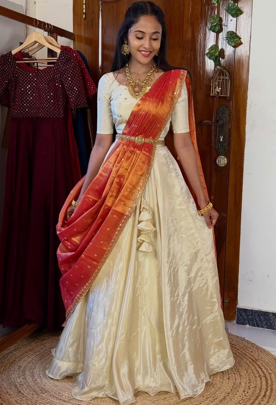Off-White Chinon Silk Lehenga Set | Flared Festive Suit with Tissue Dupatta