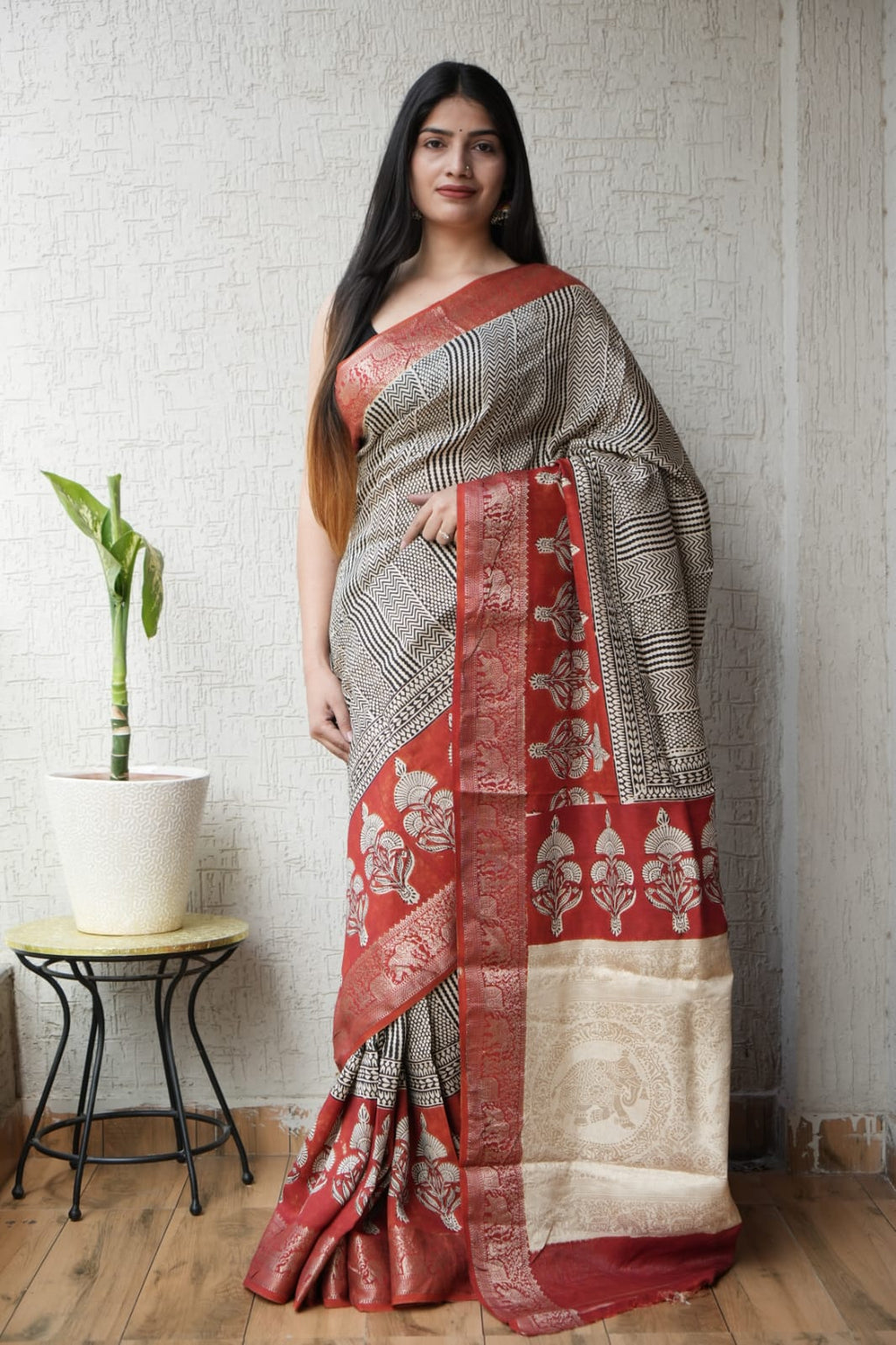 Pure Dola Silk Ajrakh Hand Block Printed Saree with Elegant Printed Blouse