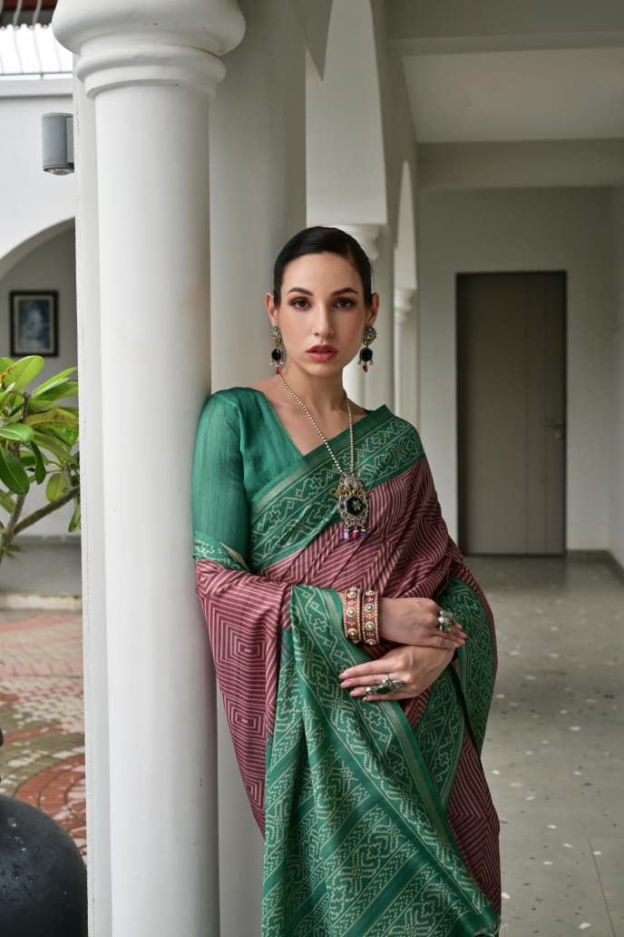 Soft Desi Tussar Silk Saree with Traditional Ikkat Pallu & Tassels