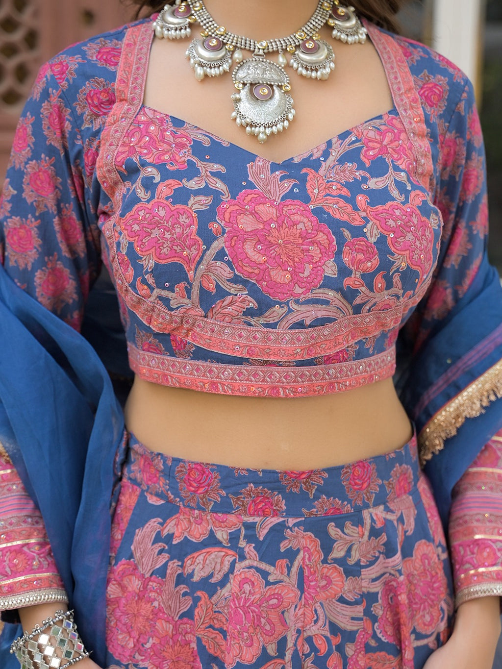 Blue Printed Lehenga with Choli and Dupatta