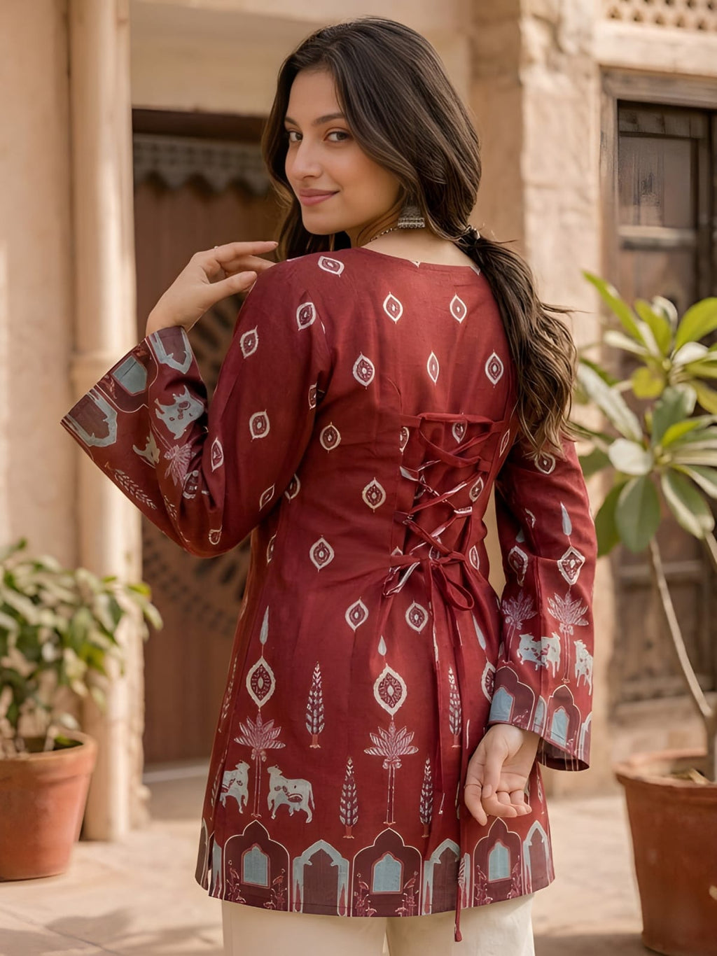 Effortless Elegance: Maroon Cotton Kalamkari Bell-Sleeve Tunic