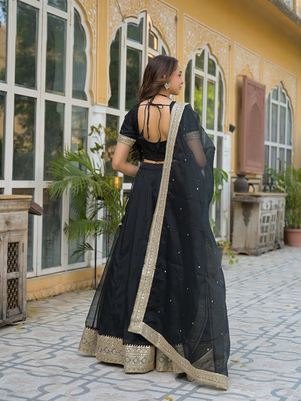 Black Solid Organza Lehenga with Choli and Dupatta