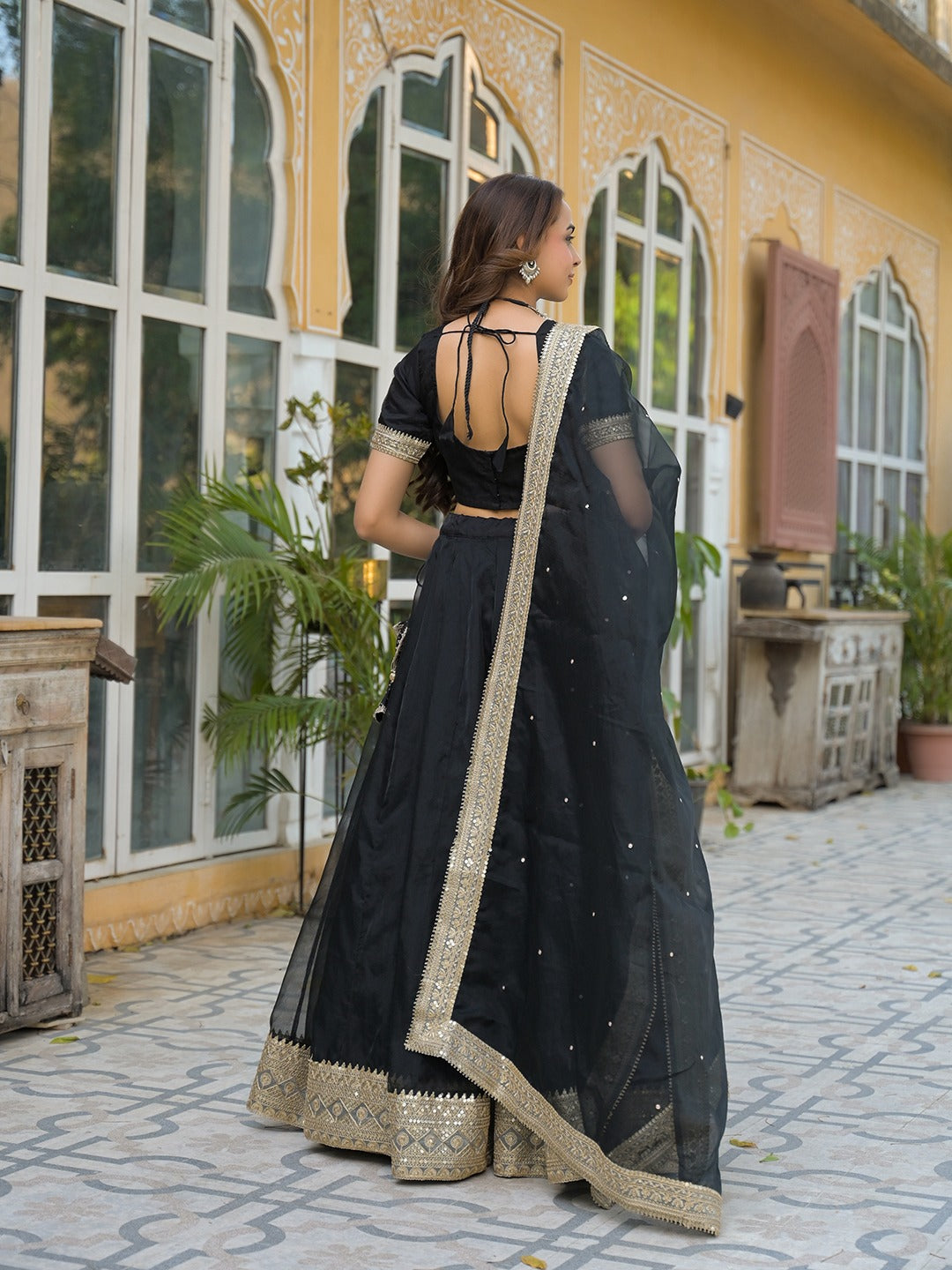 Black Solid Organza Lehenga with Choli and Dupatta