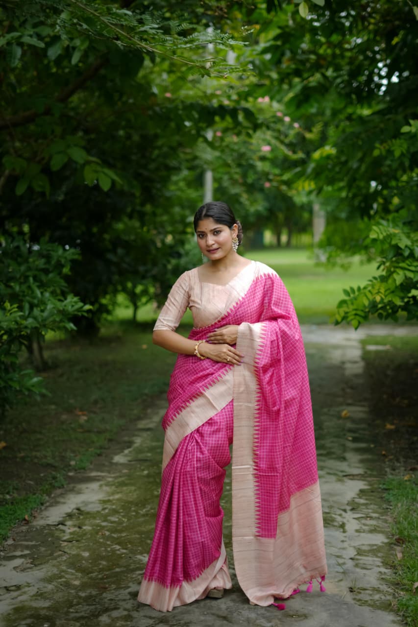 Soft Tussar Silk Saree with Kantha Weave Contrast Border & Check Print