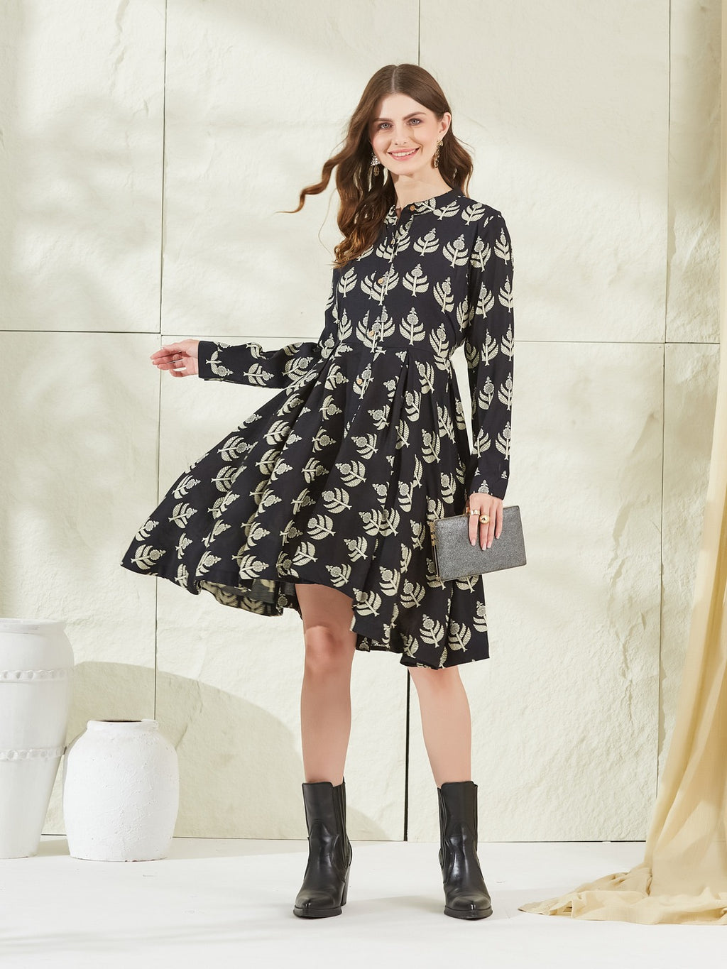 Black Long Sleeve Boat Neck Dress with Curved Hem