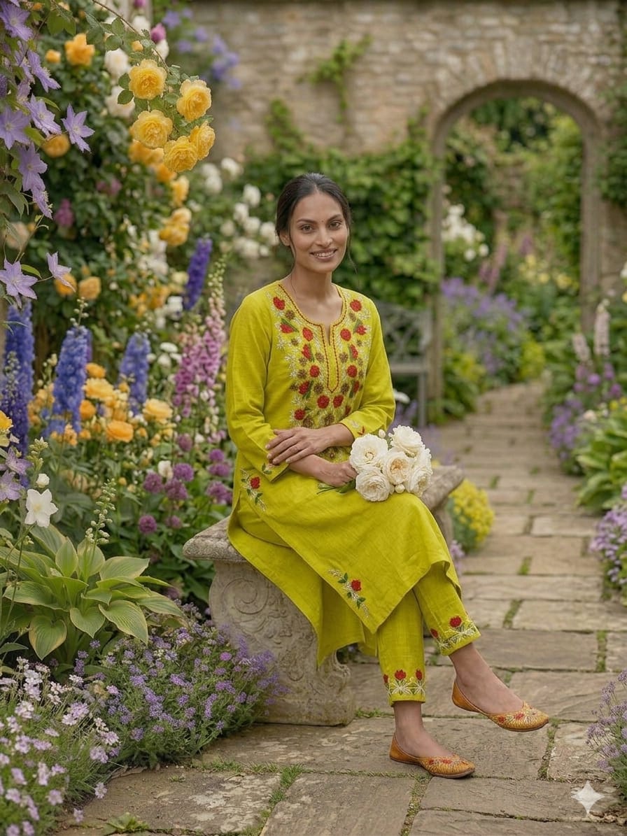 Woman in lime green embroidered Indian kurta and pants set sitting in a flower garden.