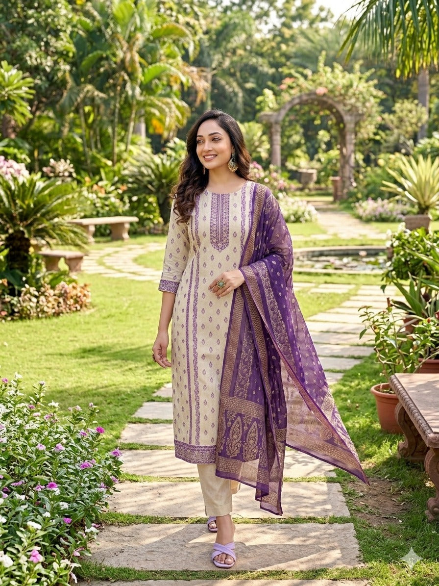 Jacquard Simmar Handwork Kurta with Dyeable Chanderi Pants & Printed Organza Dupatta