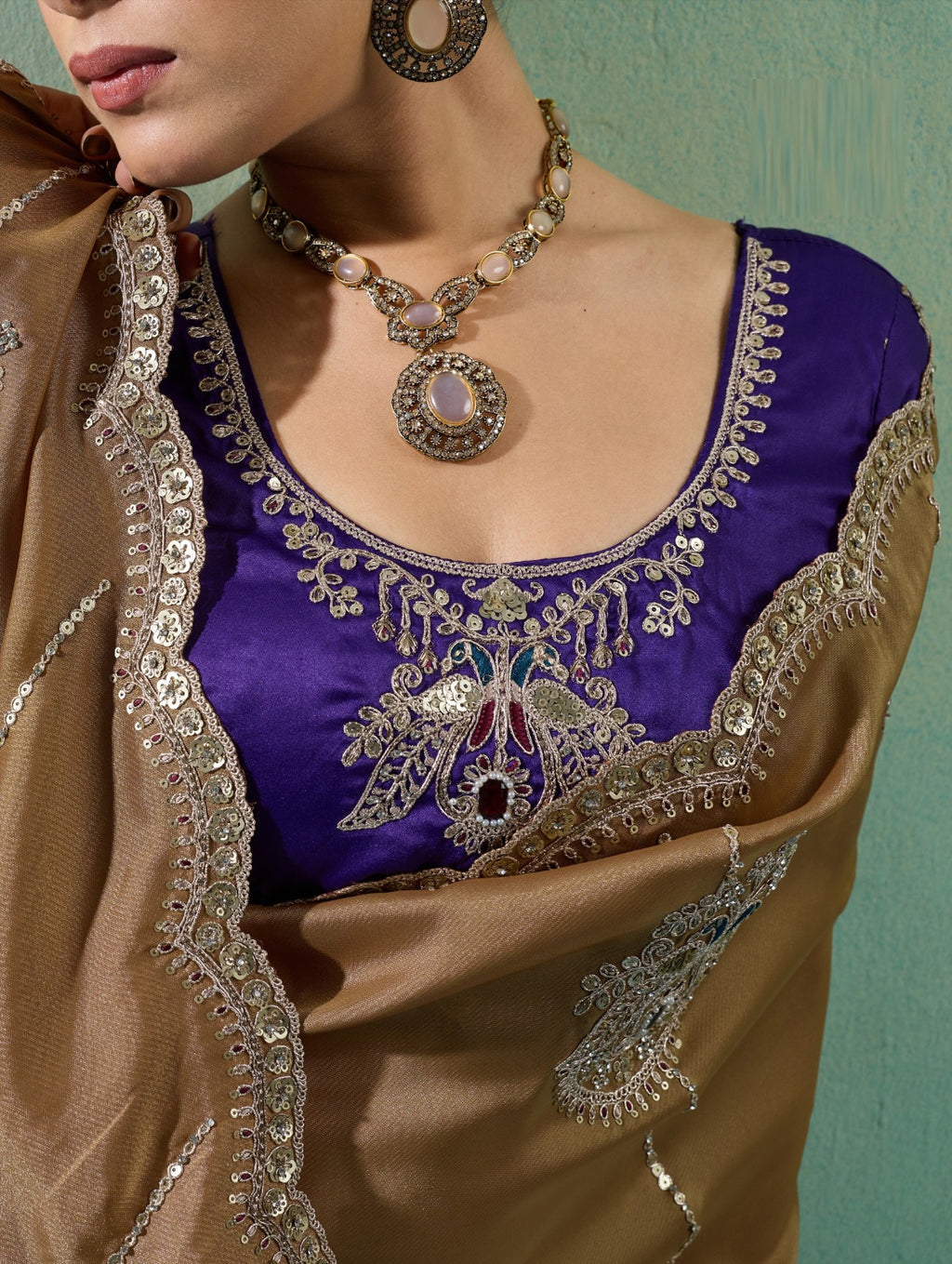 Premium Self-Stripe Giraffe Saree with Handcrafted Butta & Contrast Satin Blouse