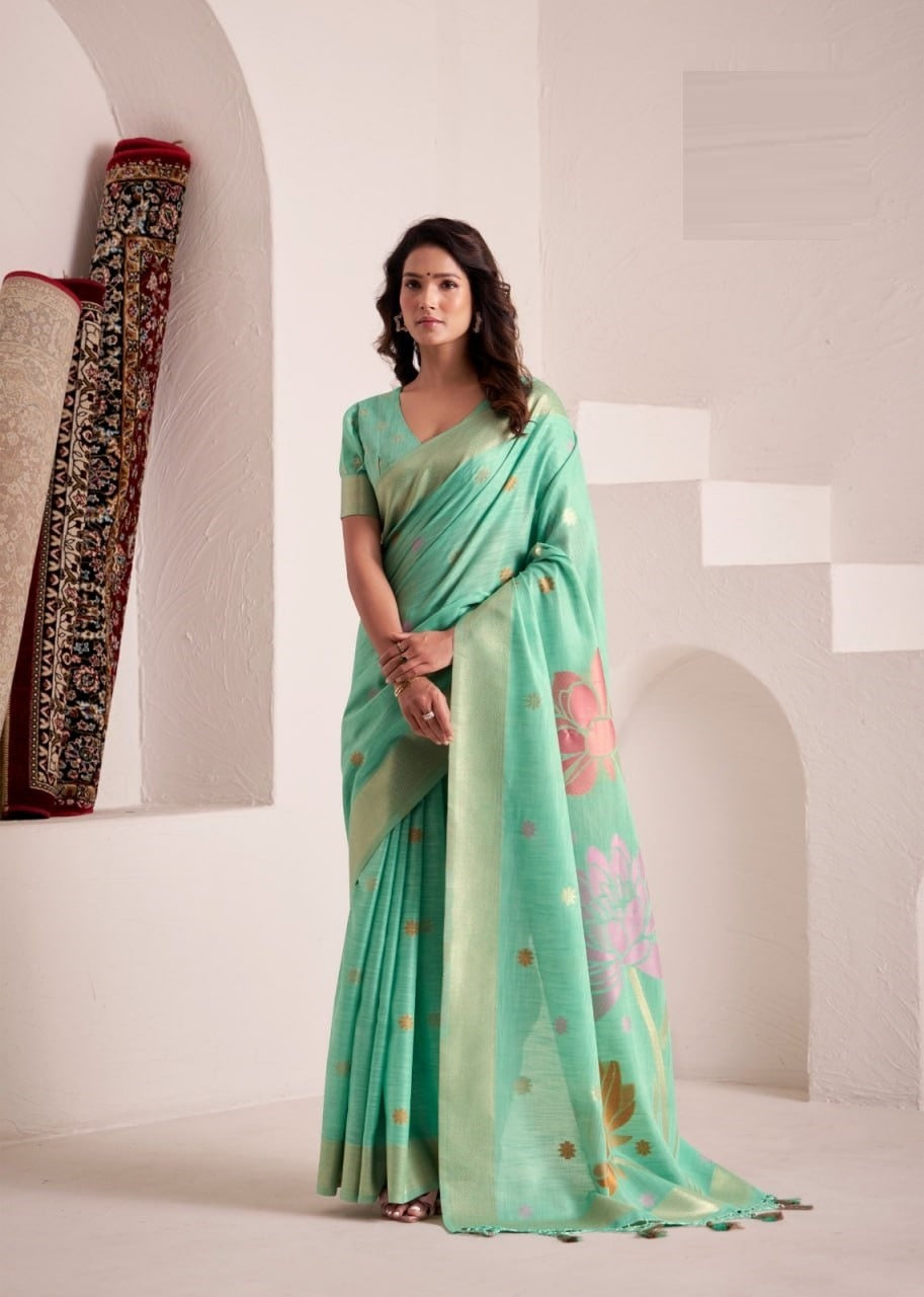 Dynamic Silk: Soft Linen Saree with Rich Jacquard Pallu & Matching Blouse Piece