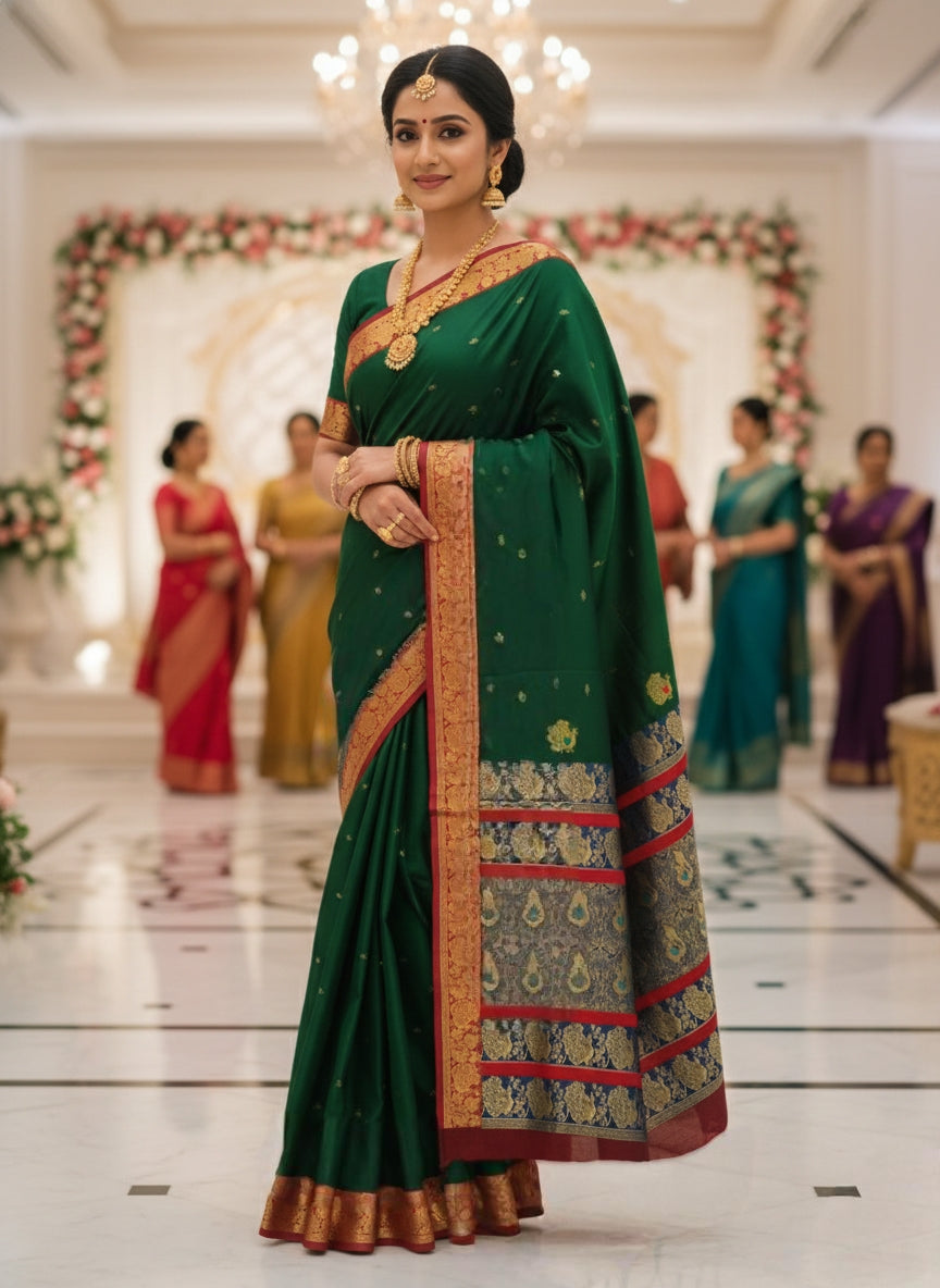 Peshwai Paithani Silk Saree with All-Over Zari Butta & Contrast Blouse