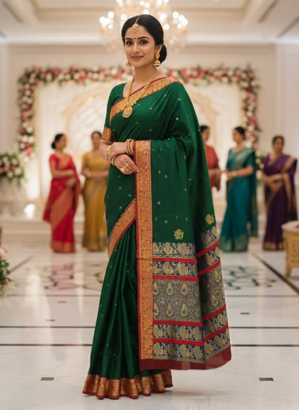 Peshwai Paithani Silk Saree with All-Over Zari Butta & Contrast Blouse