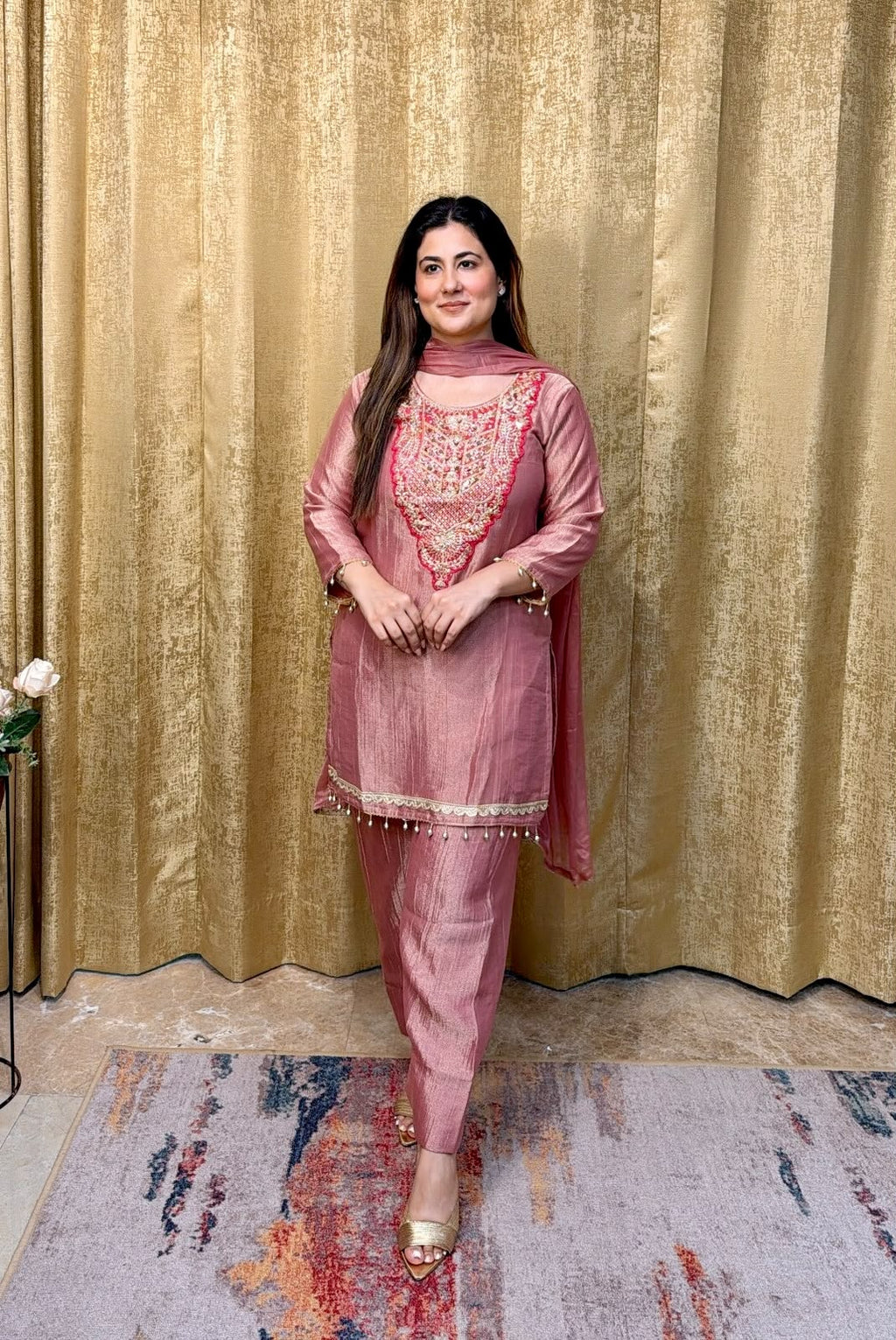 Pure Tissue Salsa Sequence Embroidered 3-Piece Kurti Set with Plazo & Dupatta