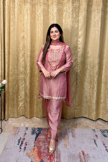 Pure Tissue Salsa Sequence Embroidered 3-Piece Kurti Set with Plazo & Dupatta