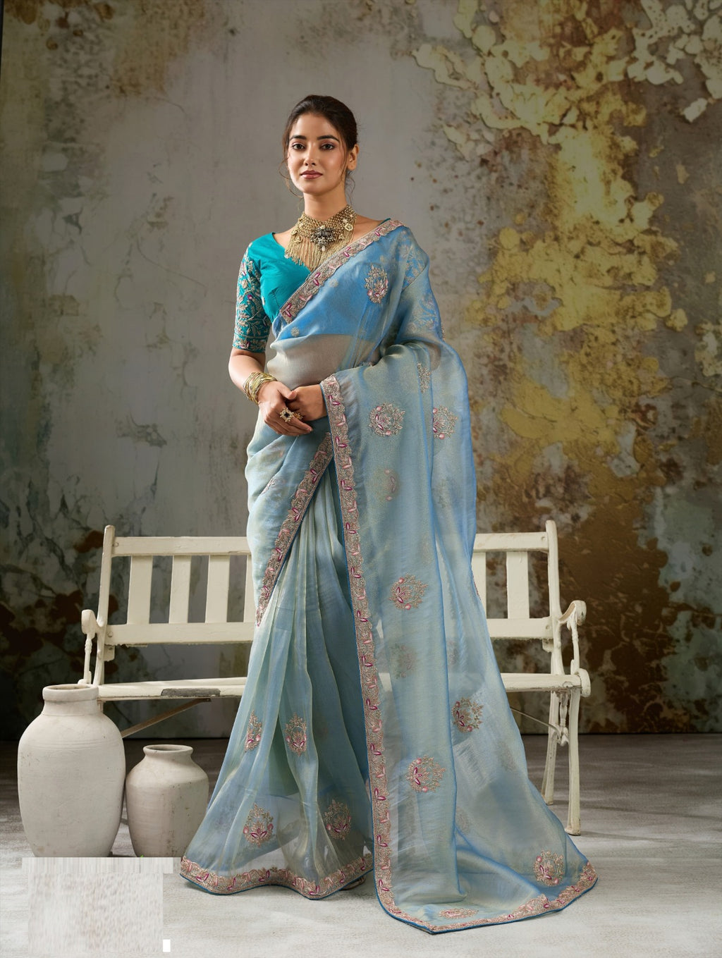 Metallic Tissue Saree with Pita Zari & Antique Sleeve-Embroidered Satin Blouse